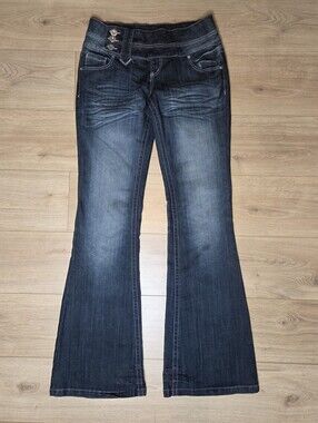 Y2K Foxy Low Rise Flare Jeans Dark Wash Stretch Denim 36 Inseam Whiskering